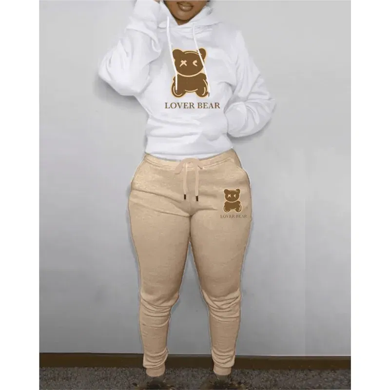 Color: Light Yellow, Size: XXXL - 2 Piece Set Women Outfit Letter Bear Print Hooded Neck Hoodies Sweatshirt Pants Tracksuit 2024 Plus Size Streetwear Casual Suit