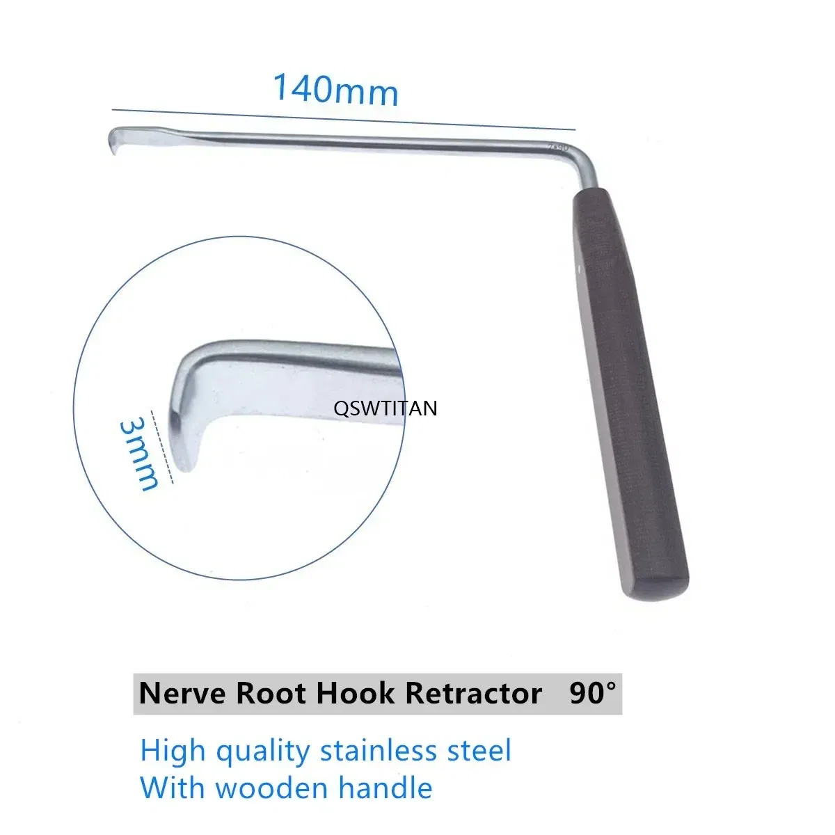 Color: black - Nerve Root Hook Retractor with wooden handle brain Bone Retractor Stainless Steel nerve pull hook