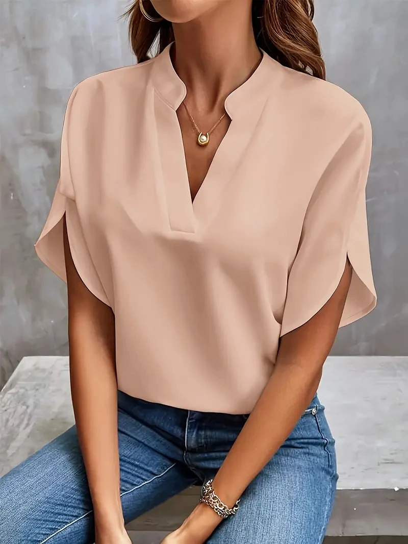 Color: Pink, Size: XXL - Women Elegant Solid Chiffon Blouse Spring Summer Casual Long Sleeve V Neck Loose Shirt Office Lady Tunics Oversized Tops 2024