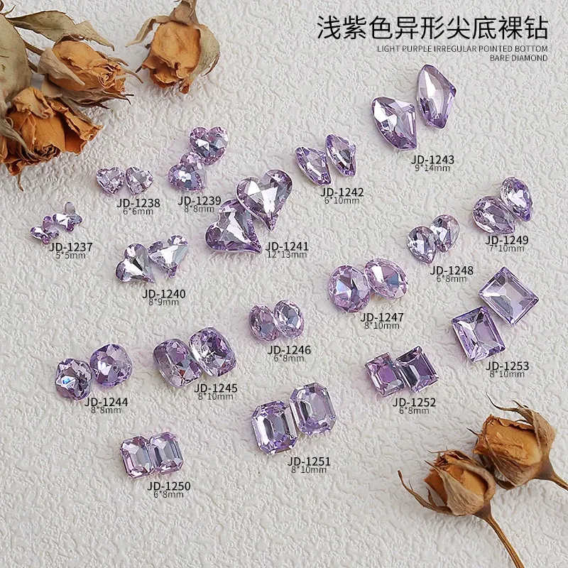 Color: Pink - 20pcs Nail Art Light Purple Sparkling Crystal Glass Diamond Violet Pointed Bottom Bare Rhinestone Gem Nail Accessories Charms