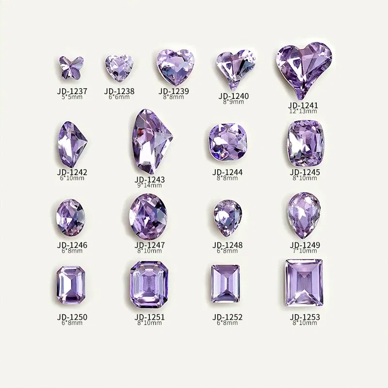 Color: Pink - 20pcs Nail Art Light Purple Sparkling Crystal Glass Diamond Violet Pointed Bottom Bare Rhinestone Gem Nail Accessories Charms