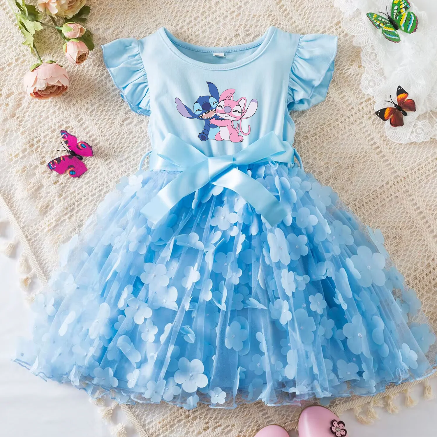 Color: Yellow, Size: XS - 3D Butterfly Cute Lilo Stitch Summer Dress for Kid's Casual Clothes Baby Girls Beautiful Princess Dress Party Dresses 2-6 Yrs
