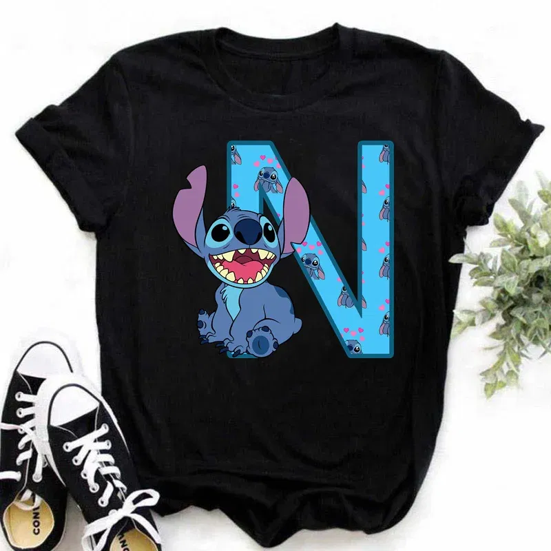 Color: Lavender, Size: XXXL - Disney Lilo&Stitch A-Z Alphabet Summer Women's Printed T-Shirt Women's Casual Tops T-Shirt Fashion Cartoon Plus Size T-Shirt