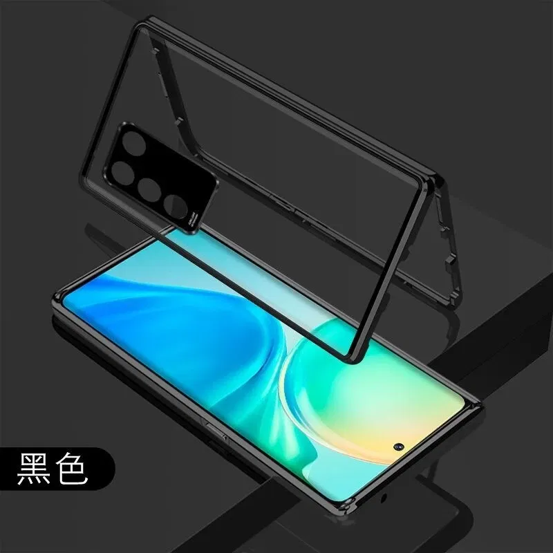 Color: black, Material: EVA - 360 Full Case For Vivo V29 5G V27 Pro V27E V25 V23 Double Sided Magnetic Adsorption Metal Capa Tempering Glass Clear Phone Cover