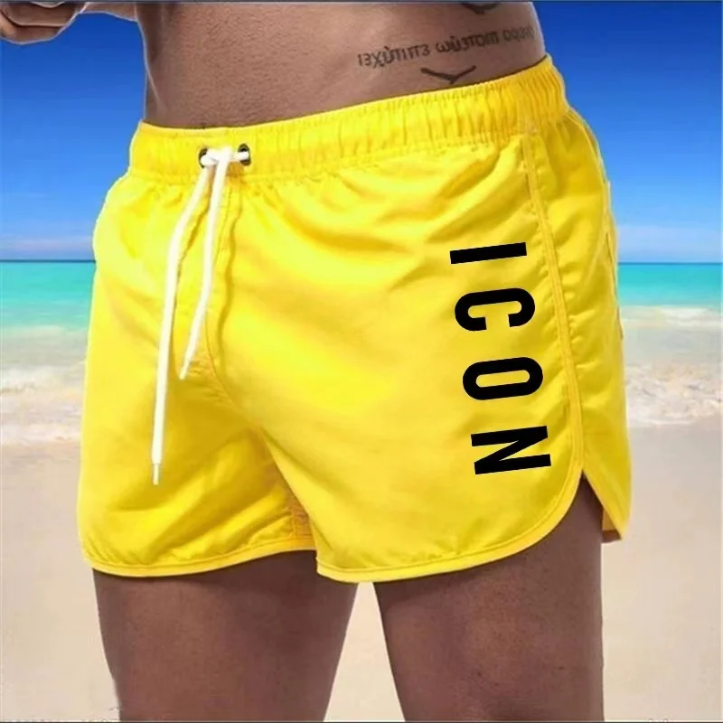 Color: Yellow, Size: S - ICON Summer men's luxury beach pants clothing quick dry gym jogging sexy shorts vacation casual swimming trunks