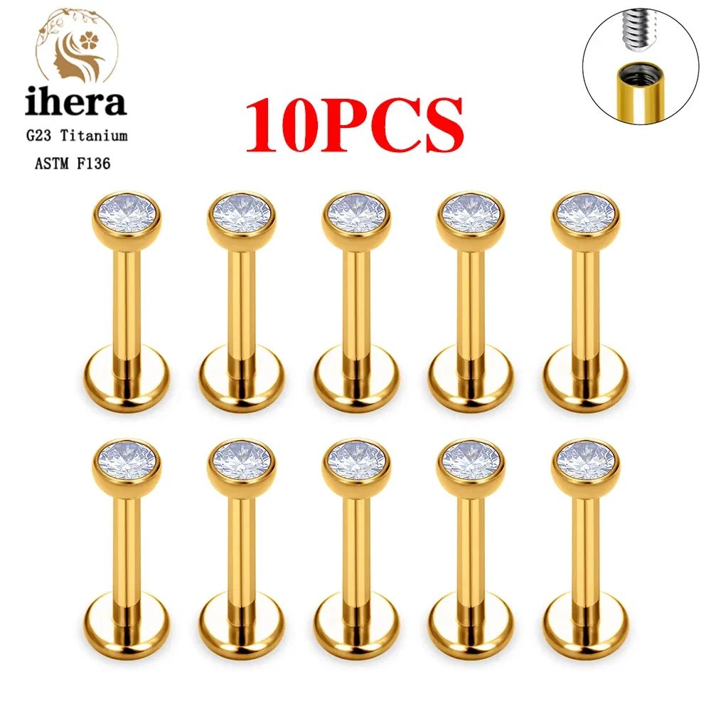 Metal color: SILVER PLATED, Ships From: CHINA, Main Stone Color: WHITE - 10PCS G23 Titanium Labret Piercing Lip Ring 16G F136 Internal Thread Nose Stud Earring Tragus Helix Cartilage Piercing Jewelry