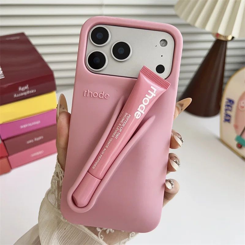Material: EVA, Color: Blue, Bundle: Bundle1 - With Lipstick Phone Case for iPhone 17 13 14 15 16 17 Pro Max Plus 12 17 Air Silicone Lip Gloss Holder Hot INS Soft Cover Funda