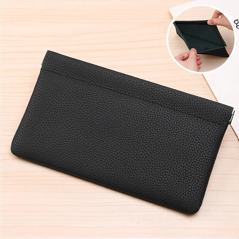 Color: black - Self-closing first-layer genuine cowhide long wallet passport driver's license document holder data cable cosmetic bag storage