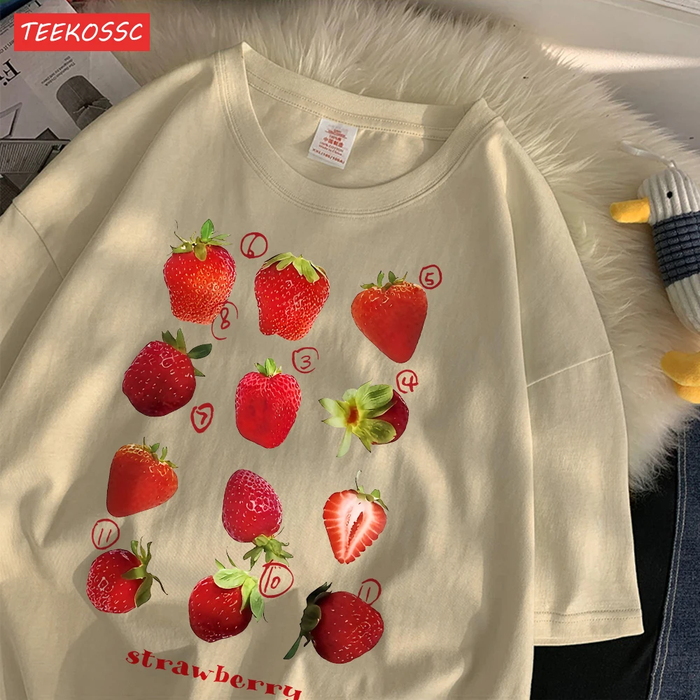 Color: Blue, Size: XXL - 100% Cotton Women T-shirt Cute Fresh Strawberries Printed Tee Shirt Summer Comfortable Loose Tops Street Fashion Female Clothes