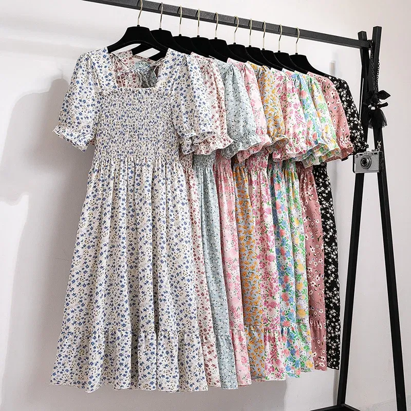 Color: PURPLE, Size: One Size - Summer Pleated Women Chiffon Dresses Casual Beach Holiday Short Sleeve Square Collar Woman Midi Dress Bohemian Mujer Vestidos