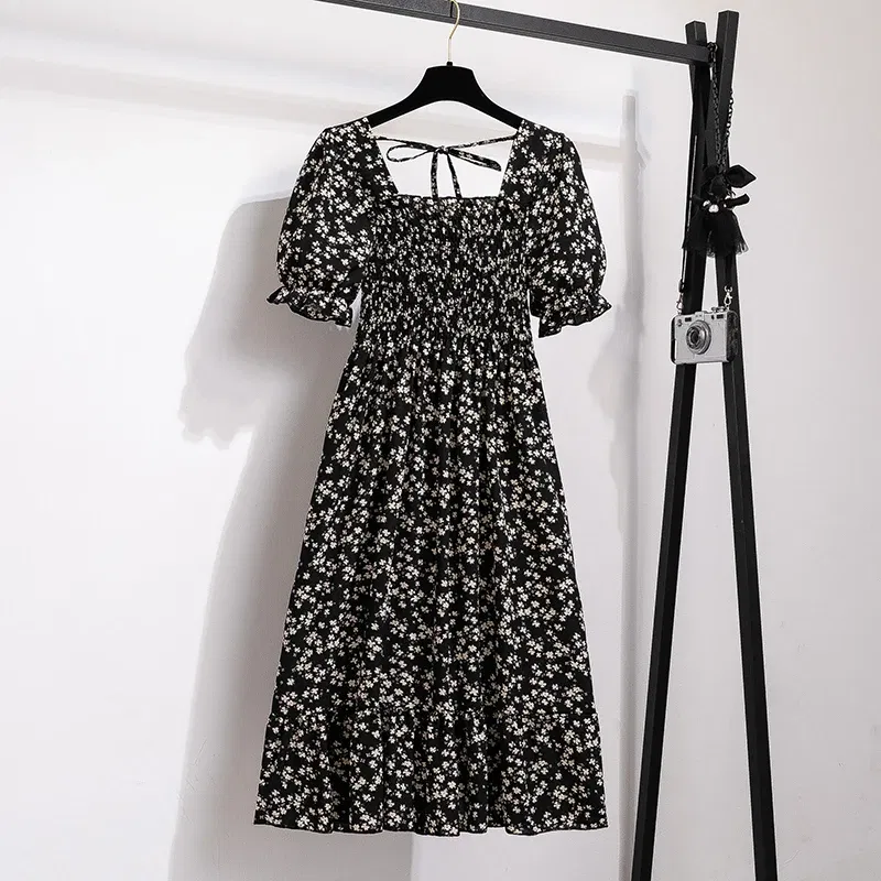 Color: PURPLE, Size: One Size - Summer Pleated Women Chiffon Dresses Casual Beach Holiday Short Sleeve Square Collar Woman Midi Dress Bohemian Mujer Vestidos