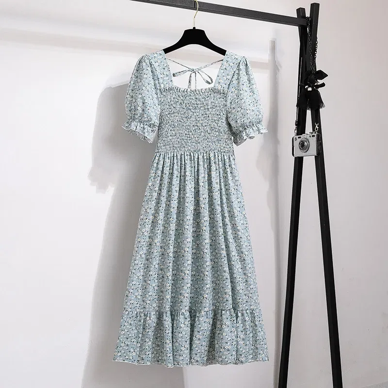 Color: PURPLE, Size: One Size - Summer Pleated Women Chiffon Dresses Casual Beach Holiday Short Sleeve Square Collar Woman Midi Dress Bohemian Mujer Vestidos