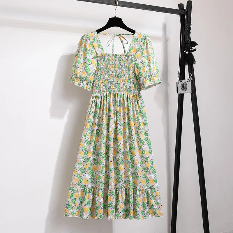 Color: PURPLE, Size: One Size - Summer Pleated Women Chiffon Dresses Casual Beach Holiday Short Sleeve Square Collar Woman Midi Dress Bohemian Mujer Vestidos