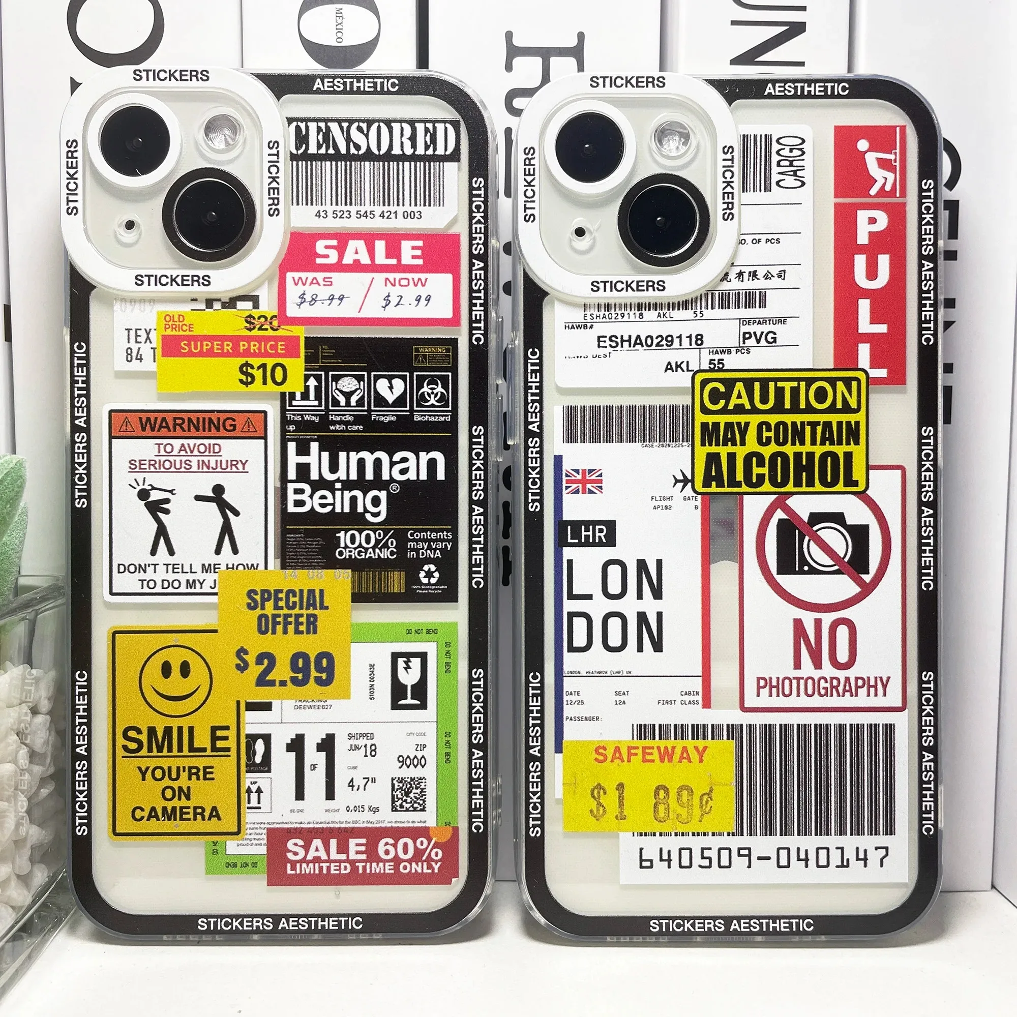 Color: Beige, Material: ABS - Mix Labels Collage Stickers Aesthetic Phone Case For Samsung Galaxy S10 S20 S21 S22 S23 S24 FE Plus Ultra Note 20