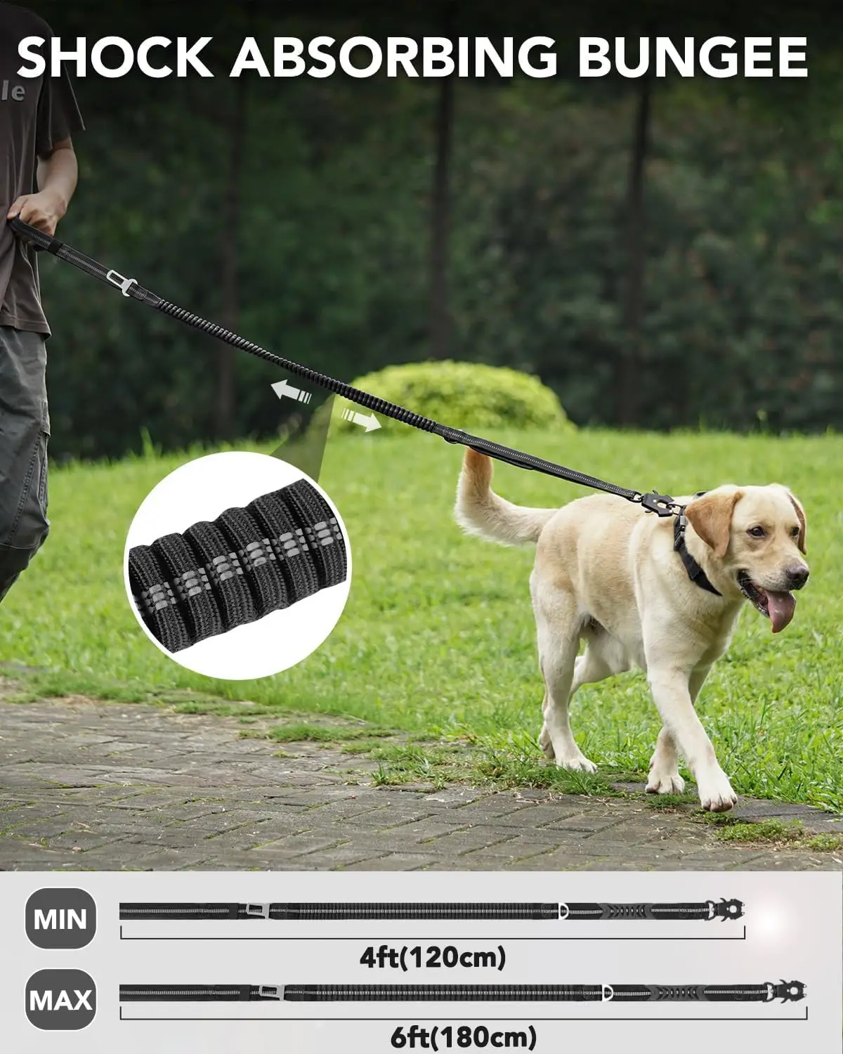 Color: Green - Heavy Duty Dog Leash with Elastic Bungee for Medium & Large Dogs - Shock Absorption & Safety Clip Included