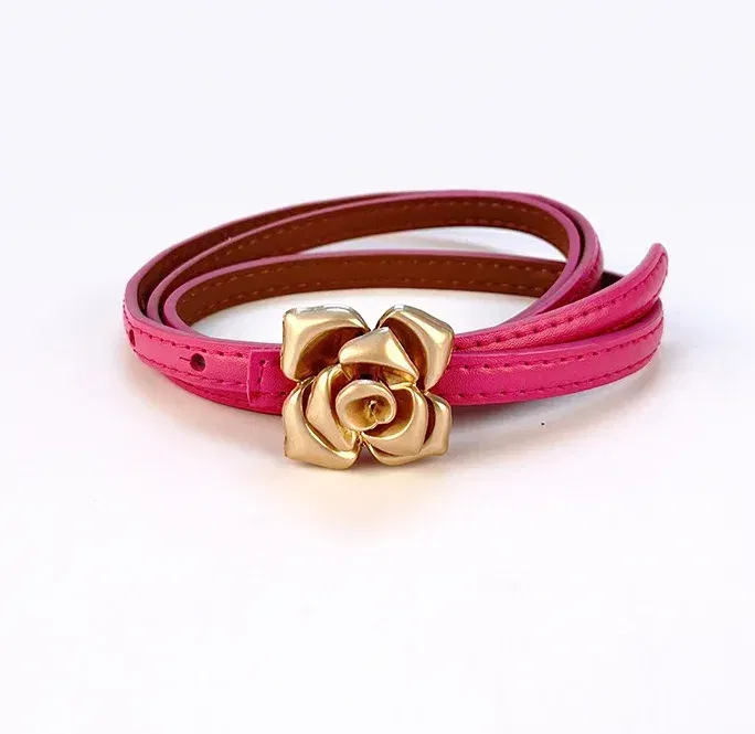 Color: Rose Red, Belt Length: 105CM - 1.0cm New Unique Rose Genuine Leather Gold Belt Women Fashion Cowskin Flower Thin Belts Female Jeans Dress Waistband