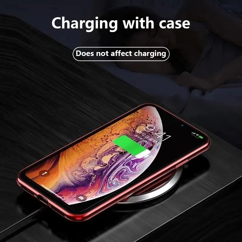 Color: Silver, Material: Vinyl - Magnetic Metal Case For iPhone 15 14 13 12 11 Pro 14Pro Max XS X XR 7 8 14Plus 12 Mini SE 2020 Double Sided Tempered Glass Cover
