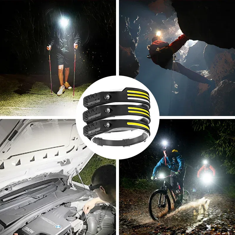 Emitting Color: RGB - Induction Headlamp COB LED Sensor Head Lamp Built-in Battery Flashlight USB Rechargeable Head Torch 5 Lighting Modes Headlight