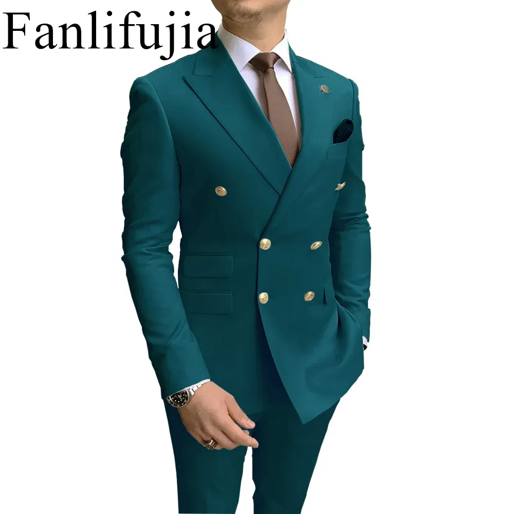 Color: Turquoise, Size: XS - Fanlifujia Store 2024 Casual Sky Blue Men Suits Double Brested Peak Lapel  Gold Button Groom Wedding Tuxedos Best Costume Homme