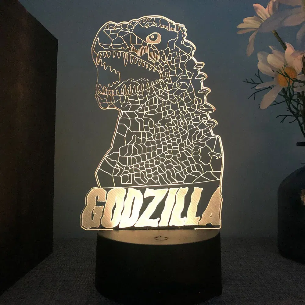 Color: Yellow, Emitting Color: BROWN - Hot Toys Godzilla 3D Acrylic Night Light 16 Colors Dimmable USB Desk Lamp Birthday Gift for Boys and Girls Christmas Gift
