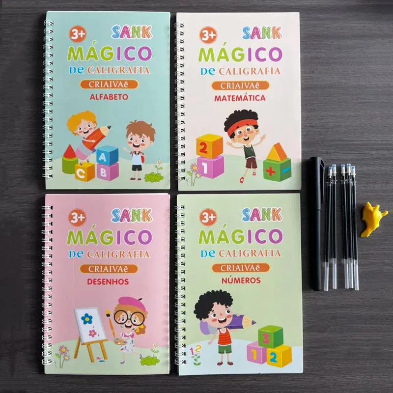 Color: Green - Magic Writing Book in Portuguese Calligraphy Notebook Montessori Kids Reusable Educational Calligraphic Letter Practice Toy