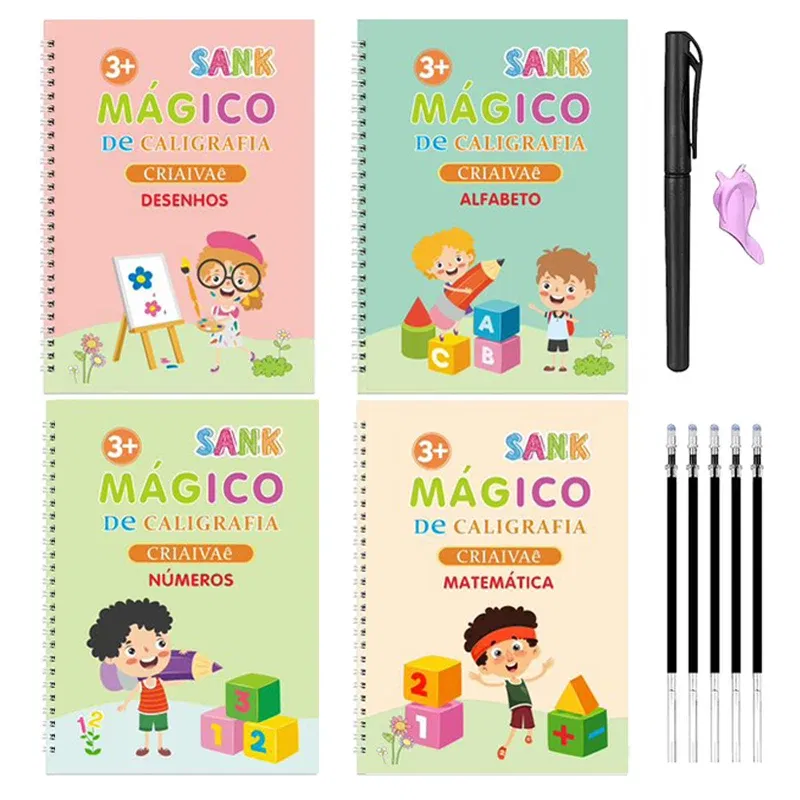 Color: Green - Magic Writing Book in Portuguese Calligraphy Notebook Montessori Kids Reusable Educational Calligraphic Letter Practice Toy