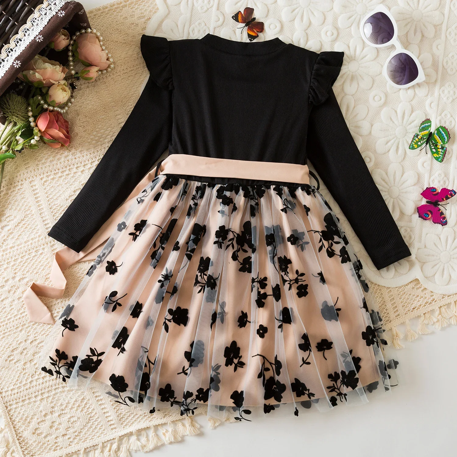 Color: Beige, Kid Size: 4T - Spring Autumn Full Sleeve Dress for Girls 3 to 8 Yrs Flower Girl Dress Children's Casual Clothing New Long Seelve Princess Dress