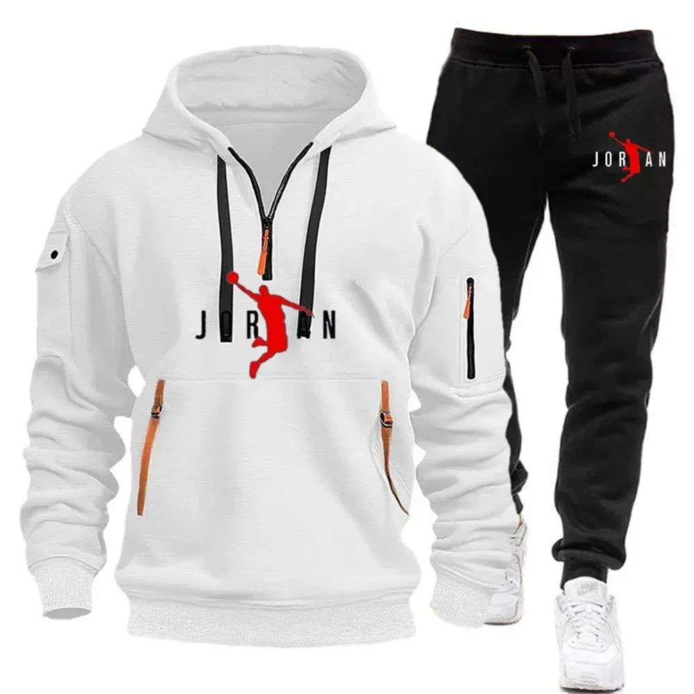 Color: Brown, Size: XL - 2025 new men's zipper multi-pocket hoodie loose casual sweater suit spring and autumn European size new fashion print