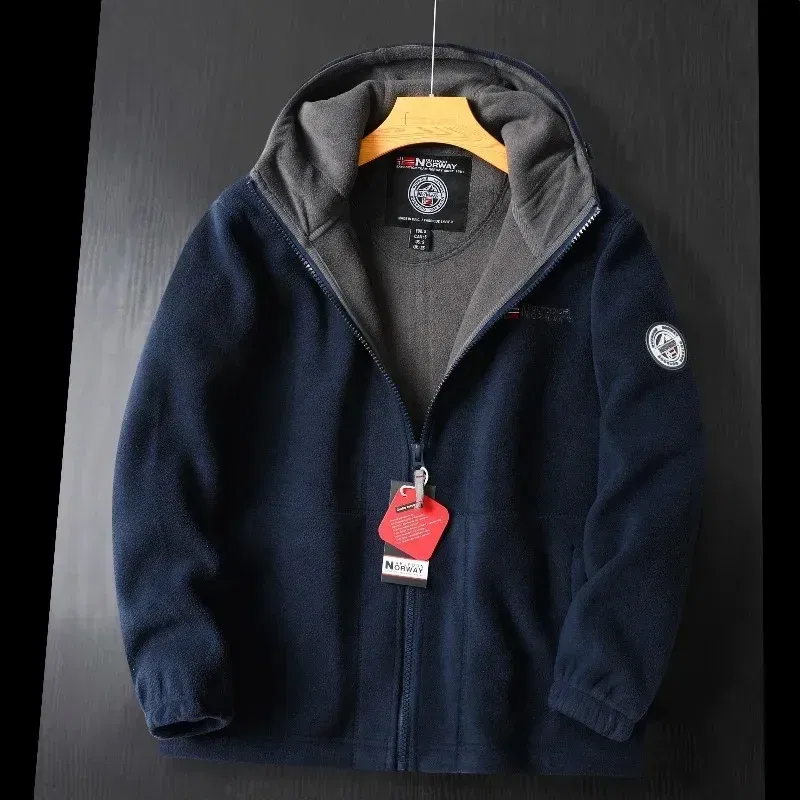 Color: Navy Blue, Size: S - Winter Wool Jacket Men's High-end Embroidered Thickened Fleece Windproof Jacket Outdoor Snow Cold-proof Men's Warm Hooded Coat