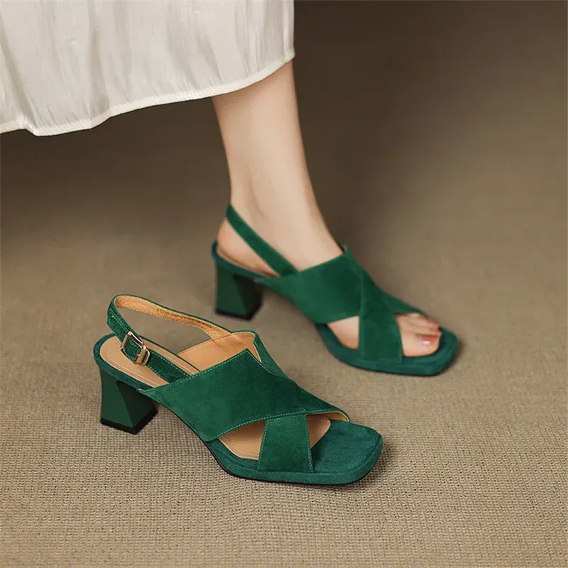 New Sheep Suede Summer Sandals Women Shoes Square Toe Sandals for Women Fashion Handmade Sandals Shoes High Heels Shoes Green