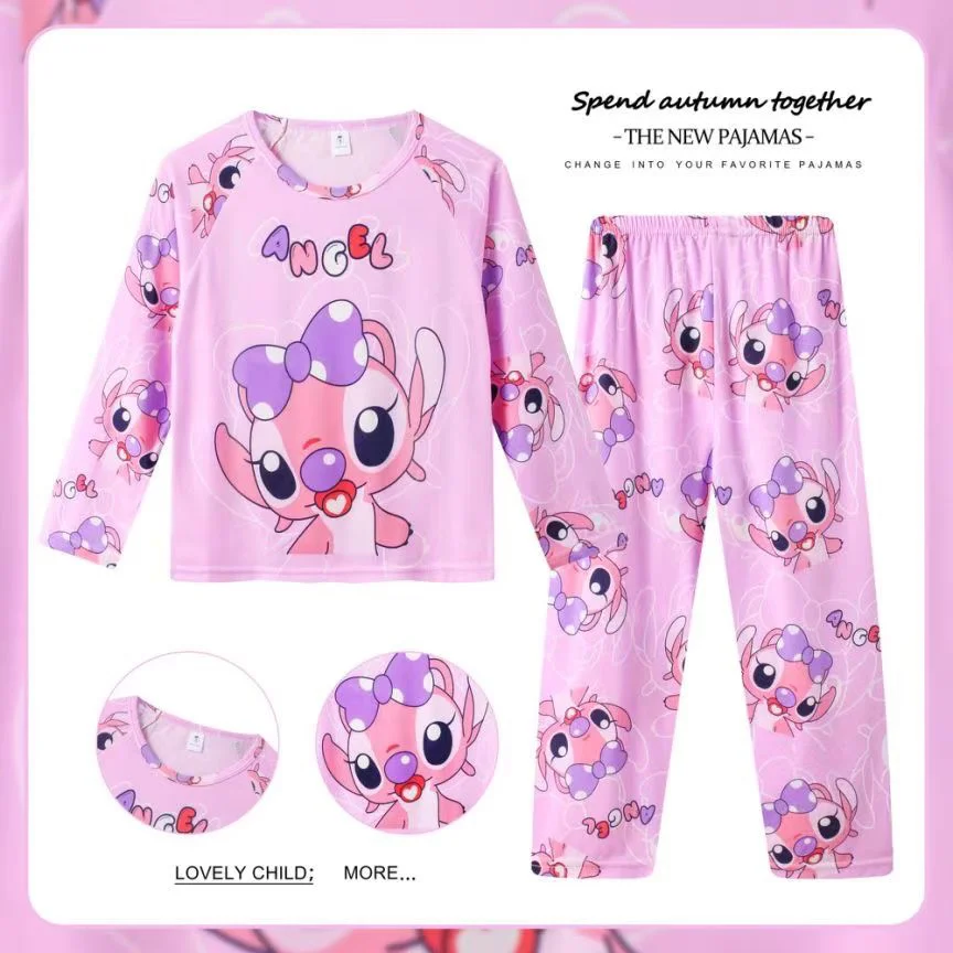 Color: SKY BLUE, Kid Size: 4T - 2pcs/set New Disney Stitch Children Pyjamas for Boys and Girls Sets Kid Minnie Home Wear Travel Casual Sleepwear Suit Cute Gift