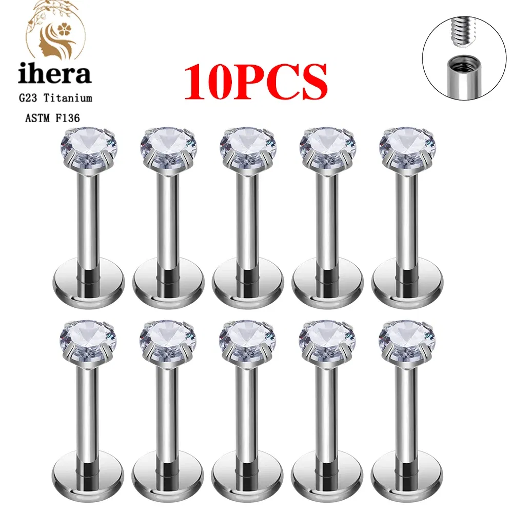 Metal color: Imitation Rhodium Plated, Ships From: CHINA, Main Stone Color: Gold - 10PCS G23 Titanium Labret Piercing Lip Ring 16G F136 Internal Thread Nose Stud Earring Tragus Helix Cartilage Piercing Jewelry