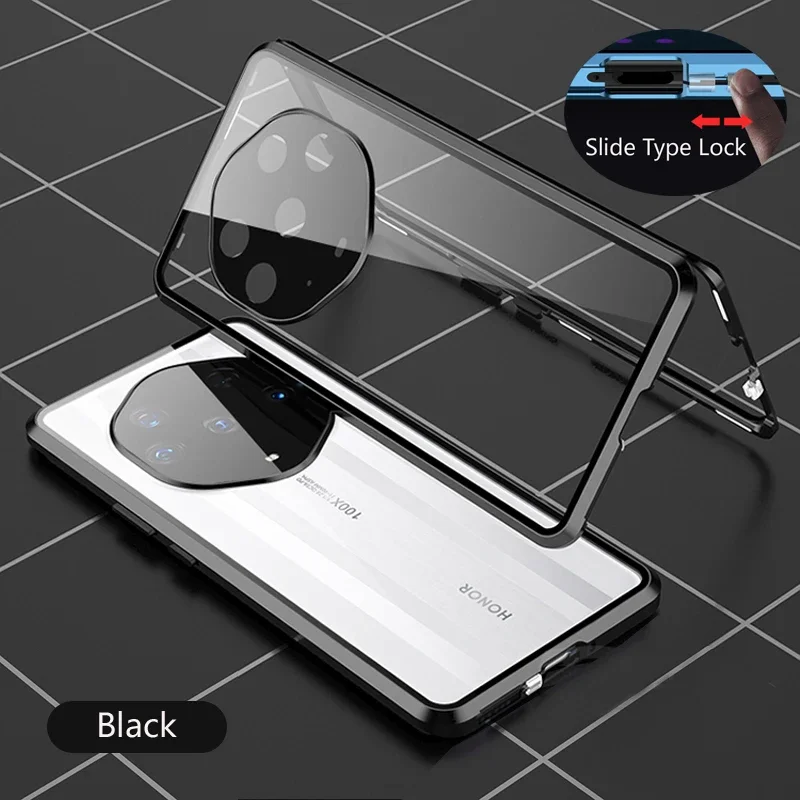 Color: black, Material: EVA - Double Sided Glass Magnetic Metal Snap Lock Phone Case For Honor Magic 4 5 Ultimate 6 Lite 7 Pro Lens Protection Cover Cases