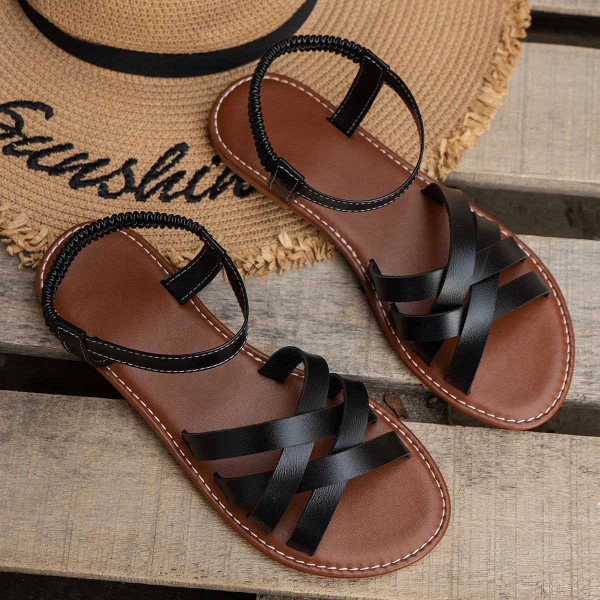 Color: Yellow, Shoe Size: 37 - Shoes for Women 2024 Summer New Women Flat Sandals Bottom Roman Strap Sandals with Non Slip Rubber Soles Ladies Daily Sandalia