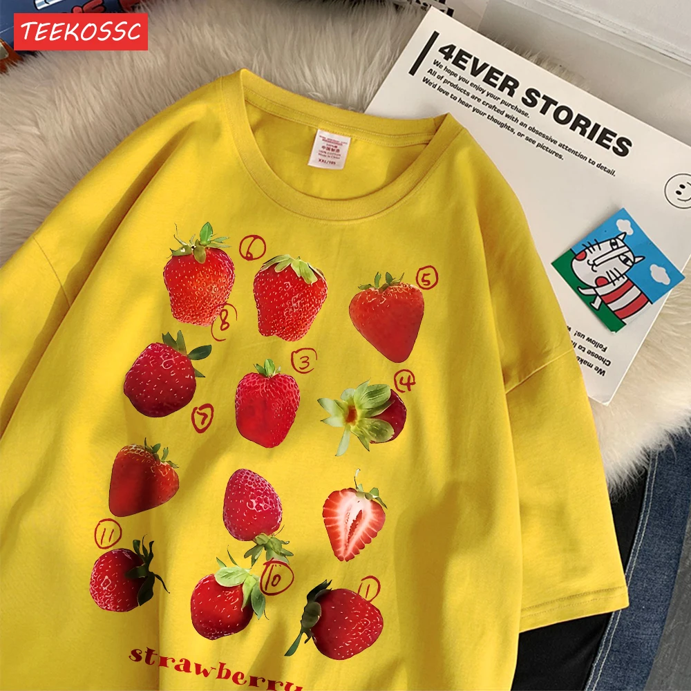 Color: black, Size: XXL - 100% Cotton Women T-shirt Cute Fresh Strawberries Printed Tee Shirt Summer Comfortable Loose Tops Street Fashion Female Clothes