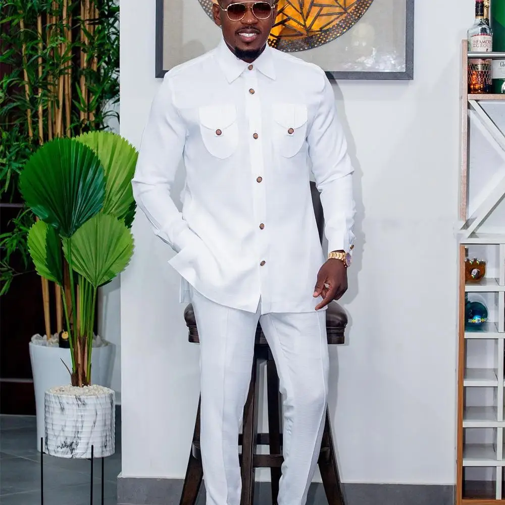 Color: Burgundy, Size: S - 2025 New men's suit, white pocket, 2-piece set, luxury wedding casual suit, traditional African style of ethnic minorities