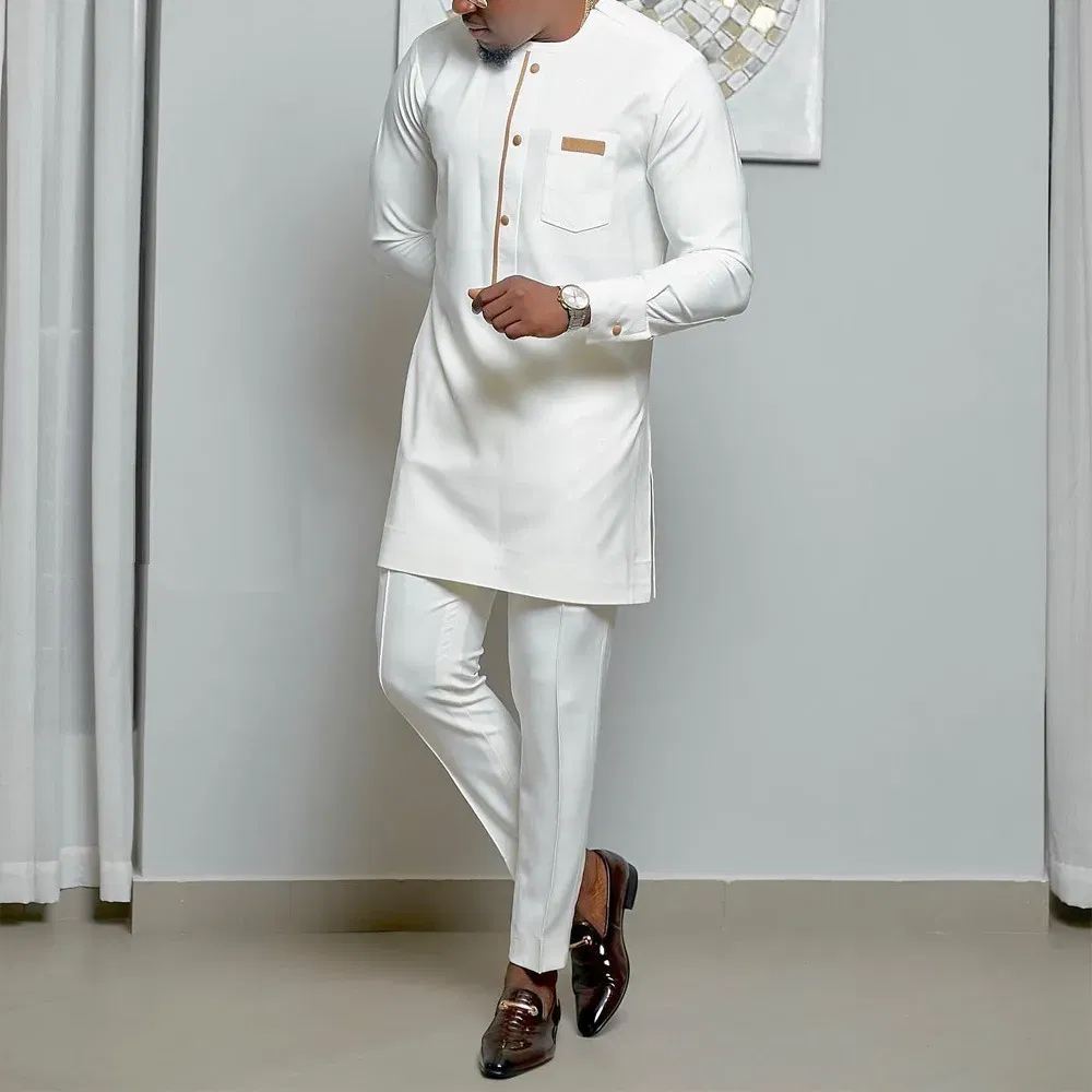 Color: Burgundy, Size: S - 2025 New men's suit, white pocket, 2-piece set, luxury wedding casual suit, traditional African style of ethnic minorities