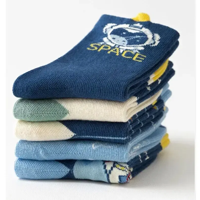 Color: Beige, Size: 10-12T - 5 Pairs Socks Boys' Cartoon Astronaut Pattern Cotton Socks Children's Spring Autumn Calf Socks Baby Girls Socks