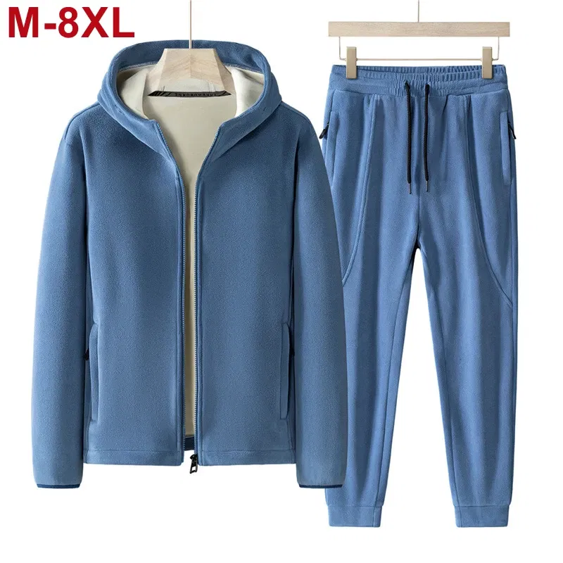Color: Brown, Size: XXL - Plus Size 7xl 8xl Men's 2pcs Tracksuit Sets Winter Warm Polar Fleece Liner Jacket+pants Set Men Casual Thick Sportswear Clothes