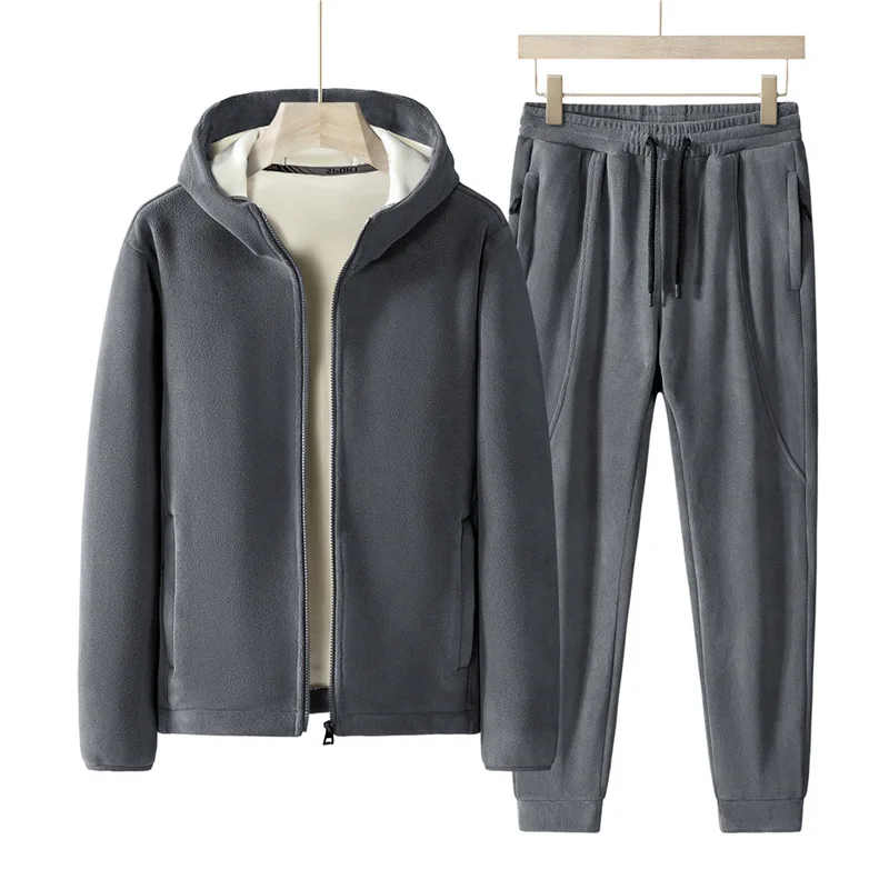 Color: Brown, Size: XXL - Plus Size 7xl 8xl Men's 2pcs Tracksuit Sets Winter Warm Polar Fleece Liner Jacket+pants Set Men Casual Thick Sportswear Clothes