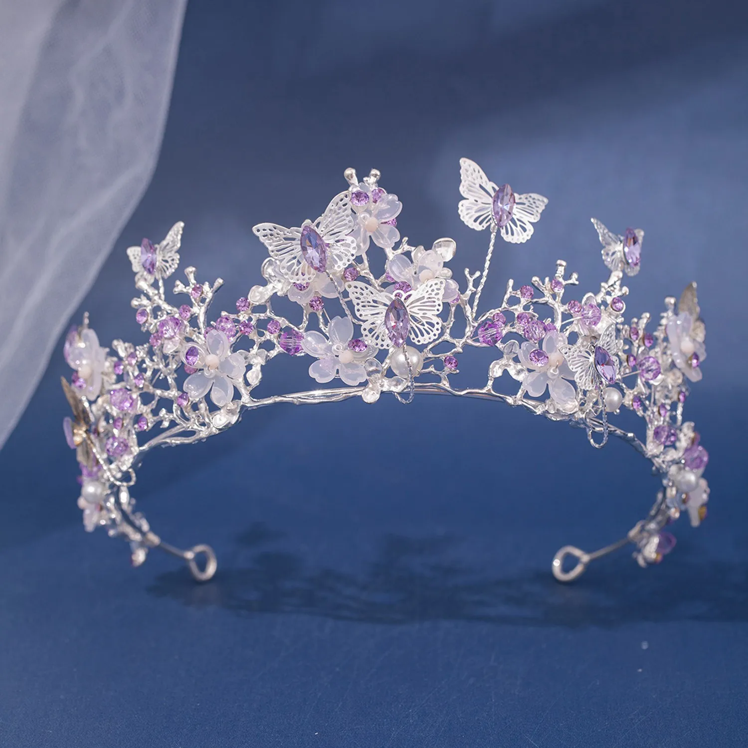 Metal color: Imitation Rhodium Plated - Baroque Silver Color Purple Crystal Butterfly Bridal Tiaras Crowns Headpiece Rhinestone Pageant Diadem Wedding Hair Accessories