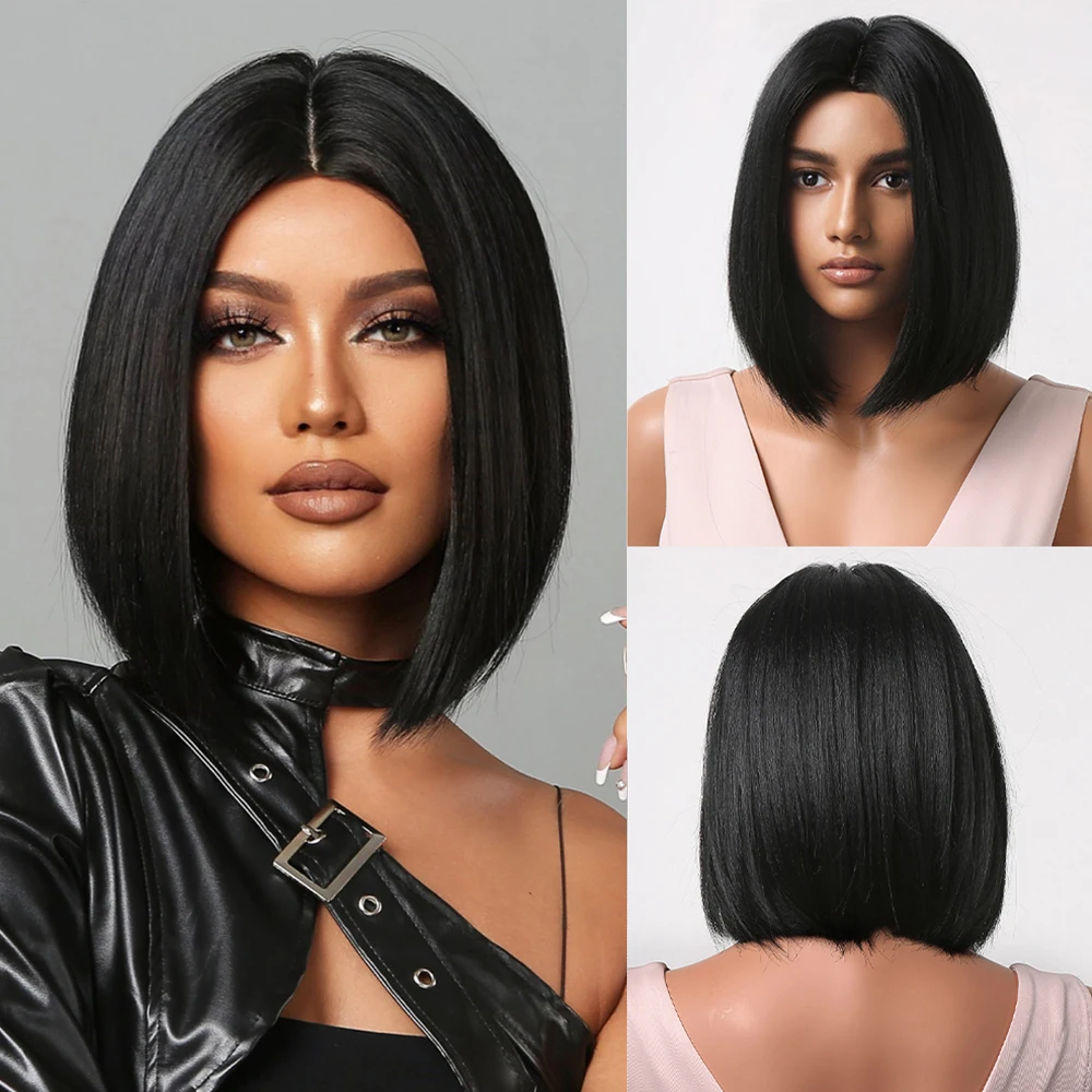 Color: Blonde - Black synthetic wig with middle-parted long hair and big waves for party or daily use. High-temperature synthetic hair cap.