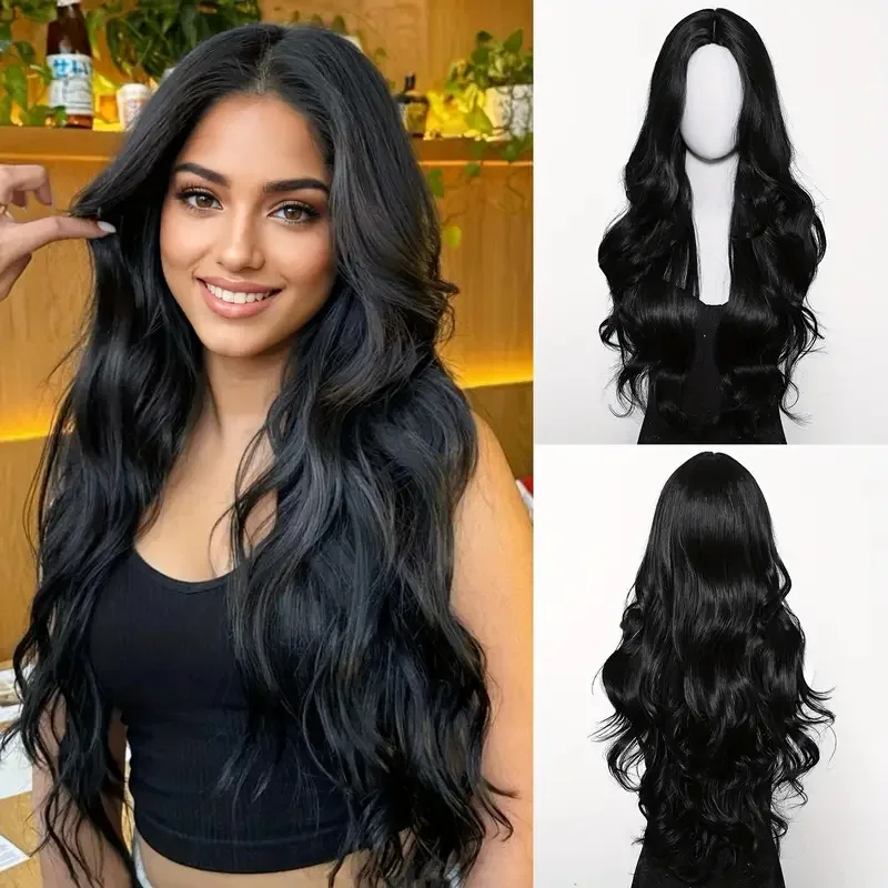 Color: Blonde - Black synthetic wig with middle-parted long hair and big waves for party or daily use. High-temperature synthetic hair cap.