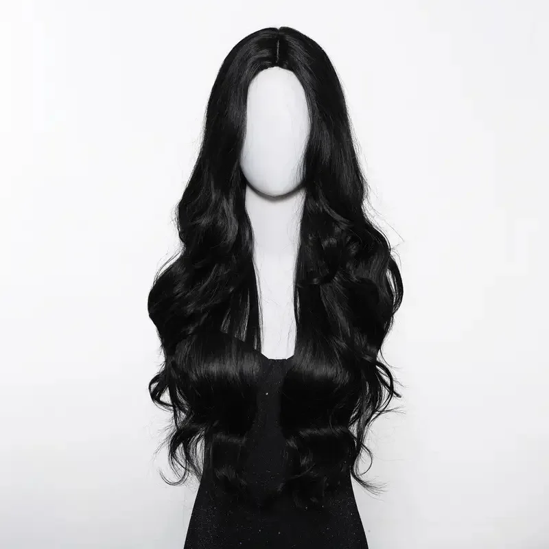 Color: Blonde - Black synthetic wig with middle-parted long hair and big waves for party or daily use. High-temperature synthetic hair cap.