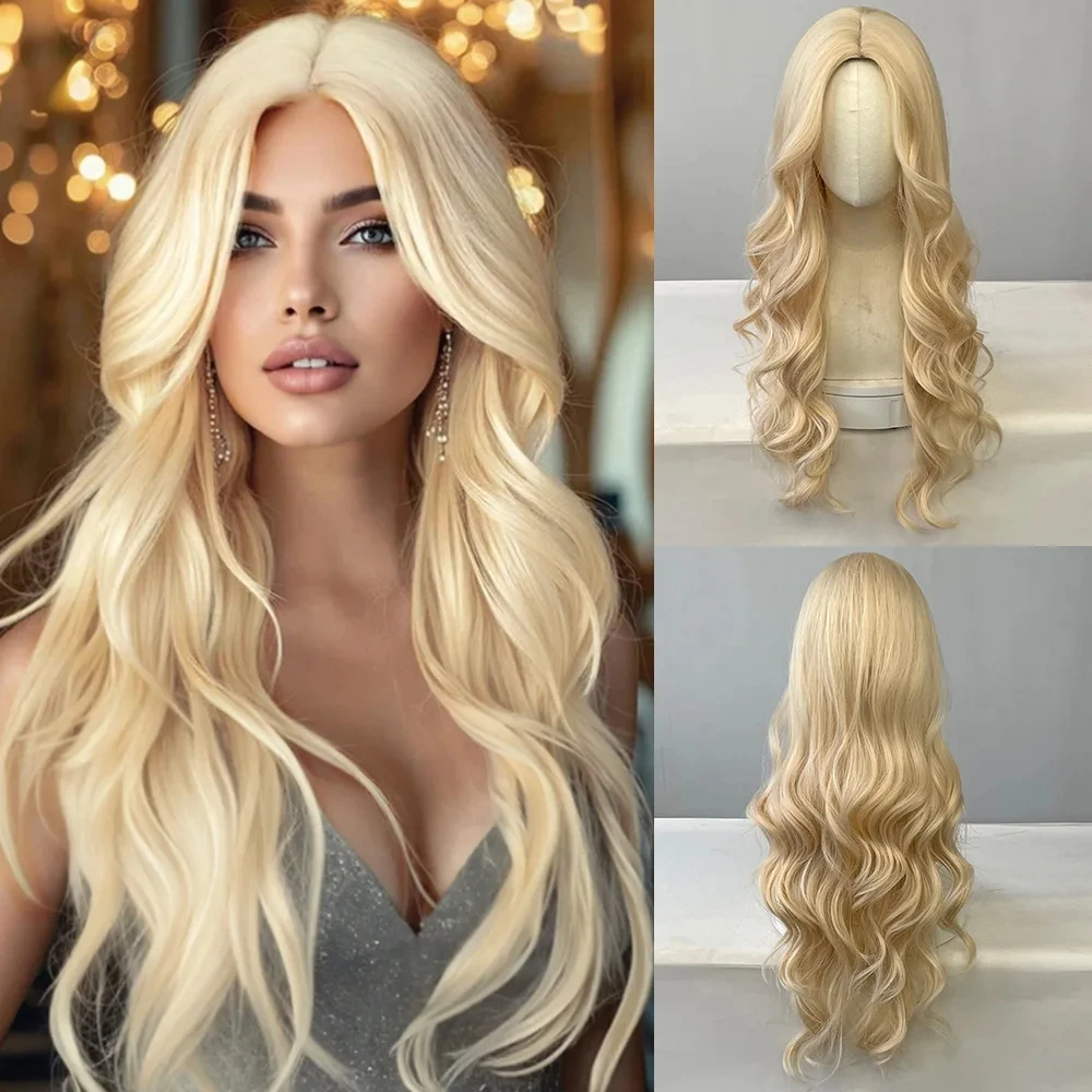 Color: Blonde - Black synthetic wig with middle-parted long hair and big waves for party or daily use. High-temperature synthetic hair cap.