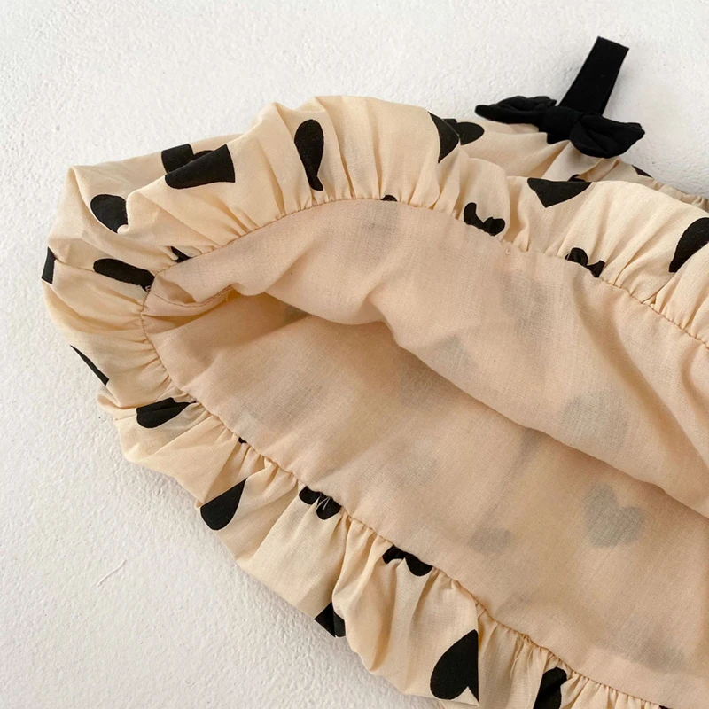 Color: Khaki, Kid Size: 24M - Summer 2PCS Heart Print Cotton Baby Girls Suits Sleeveless Bow Double Layer Apricot Strap Top Toddler Shorts Set, Versatile