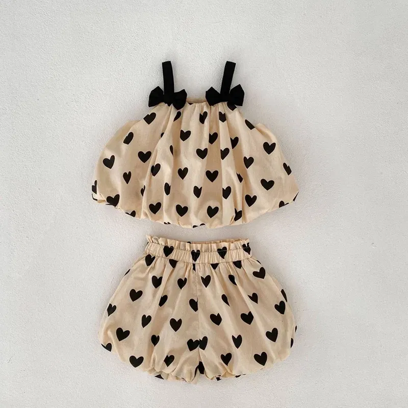 Color: Khaki, Kid Size: 24M - Summer 2PCS Heart Print Cotton Baby Girls Suits Sleeveless Bow Double Layer Apricot Strap Top Toddler Shorts Set, Versatile