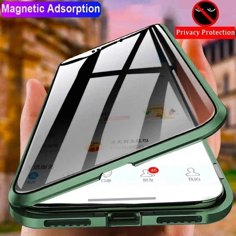 Color: PURPLE, Material: aluminum - Double-Sided Privacy Magnetic Case For iPhone 16 12 13 14 15 11 Pro Max 14 Plus 16 Plus Anti Peeping Full Cover Metal Frame Case