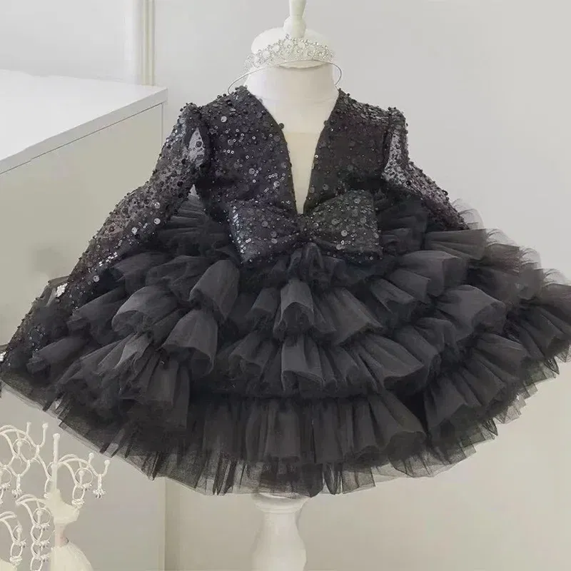 Kid Size: 5T, Color: Pink - 2-12 years old  sequin long-sleeved dress girl puffy dress girl lace birthday wedding flower girl bow performance dress