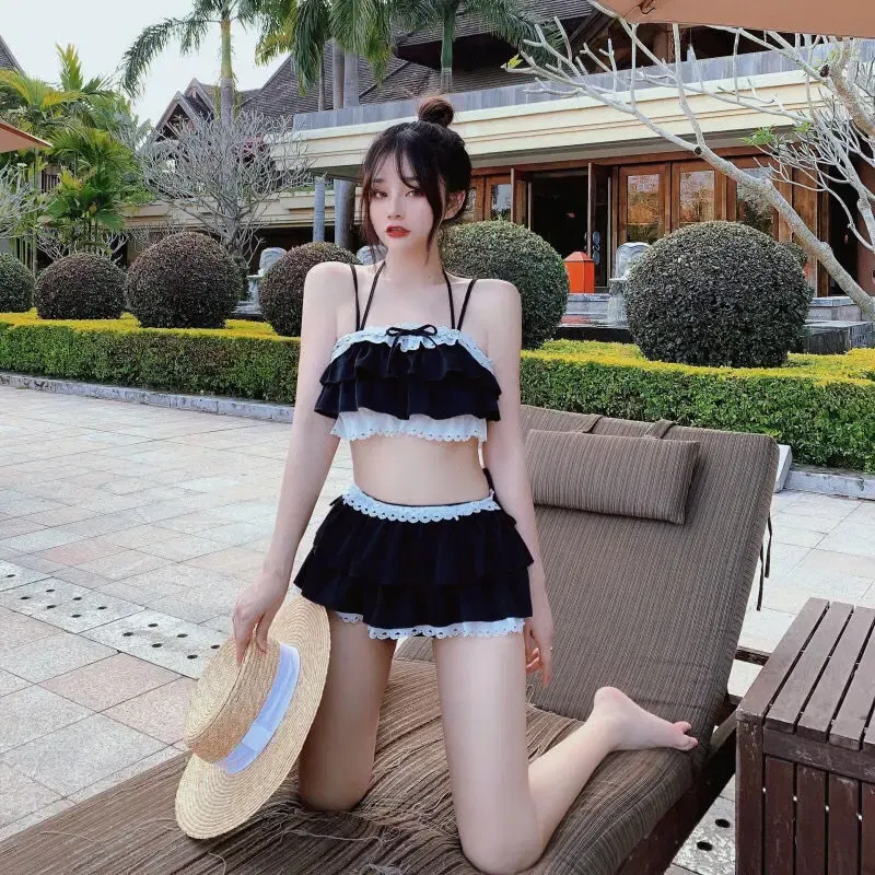 Color: Pink, Size: S - Bikini Sets Women Kawaii Girlish Design Tender Teens Slim Chic Beach Simple Feminino Daily Ruffles Japan Style Cool Sexy